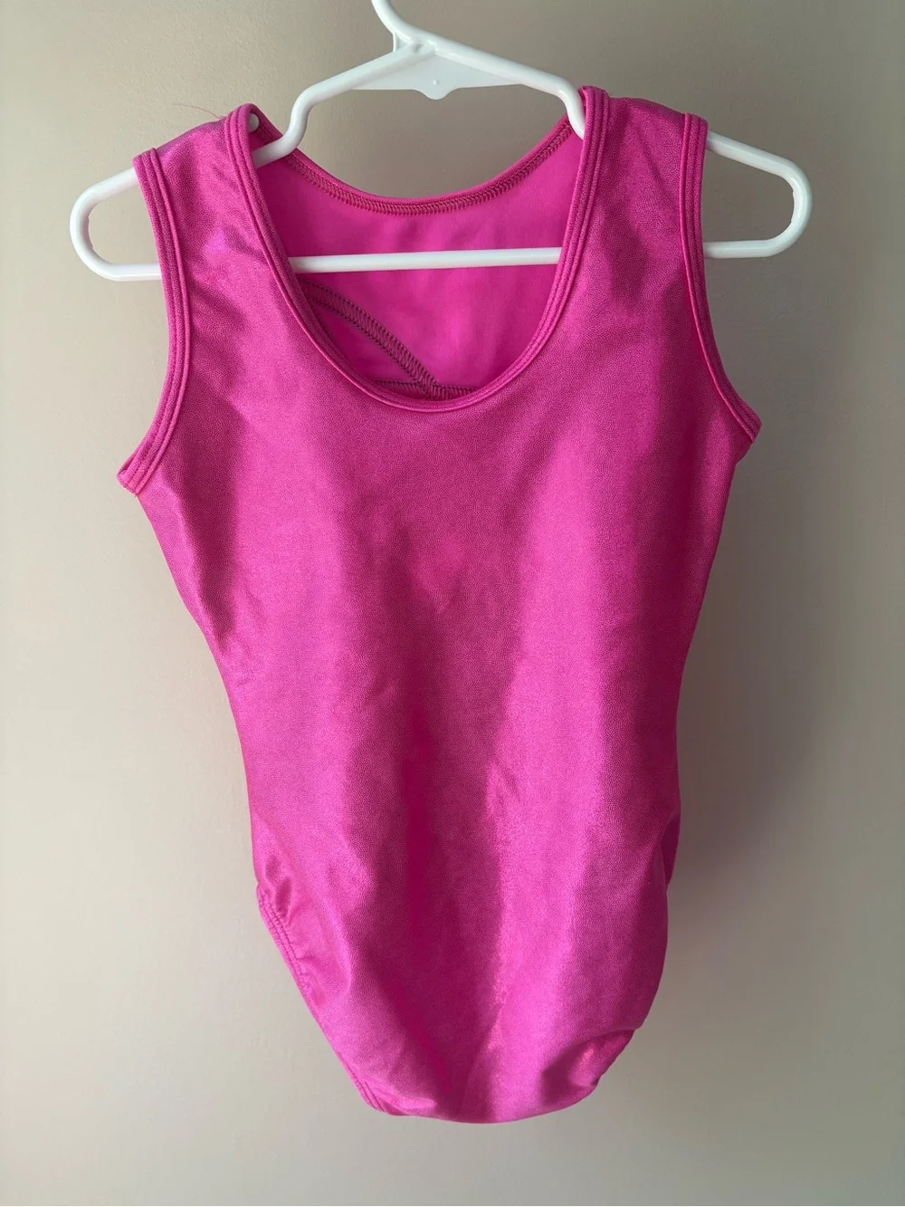 TUMBLEWEAR Hot Pink Shiny Gymnastics Leotard with Black Stripe Detail Size 6-7